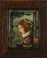 An acrylic painting by Alberta artist Steve Mitts. A figure gazes down in front of a muddied background with a flower. The interlocking blocks of recycled grain silo wood add a unique exploration of art and texture.