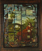 An acrylic painting on canvas of a woman holding a book in front of a bridge. Interlocking blocks and cut canvas form this collage of art and texture.