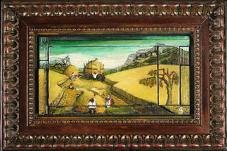 An acrylic painting by Camrose artist Steve Mitts. People work about in a yellow field of wheat in this prairie landscape painting. The interlocking blocks of recycled grain silo wood add a unique exploration of art and texture.