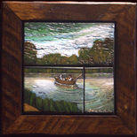 An acrylic painting of a fishing boat in the water by Canadian artist Steve Mitts. The interlocking blocks of recycled grain silo wood add a unique exploration of art and texture.