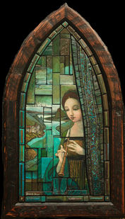 Renaissance painting by Alberta artist Steve Mitts. A lone figure peers from behind a curtain in this Gothic arched mixed media painting.The interlocking blocks of recycled grain silo wood add a unique exploration of art and texture.