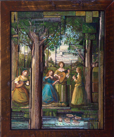 An acrylic Renaissance painting by Canadian artist Steve Mitts. A group of musicians stand on a river's edge in a forest scene. The interlocking blocks of recycled grain silo wood add a unique exploration of art and texture.