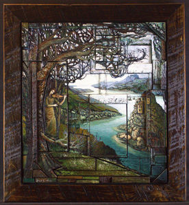 An acrylic Renaissance painting by Canadian artist Steve Mitts.  A figure stands on a riverbank, playing the violin surrounded by trees. The interlocking blocks of recycled grain silo wood add a unique exploration of art and texture.