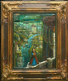 An acrylic painting by Alberta painter Steve Mitts. A lone figure stands on a bridge overlooking a river winding through a small village. The interlocking blocks of recycled grain silo wood add a unique exploration of art and texture.