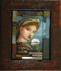 An acrylic painting by Camrose painter Steve Mitts. A figure turns, looking coyly at the viewer in this collage painting. The interlocking blocks of recycled grain silo wood add a unique exploration of art and texture.