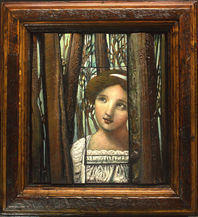 An acrylic painting by Camrose painter Steve Mitts. 
A figure's face takes center frame, surrounded by the trunks of tall trees. The interlocking blocks of recycled grain silo wood add a unique exploration of art and texture.
