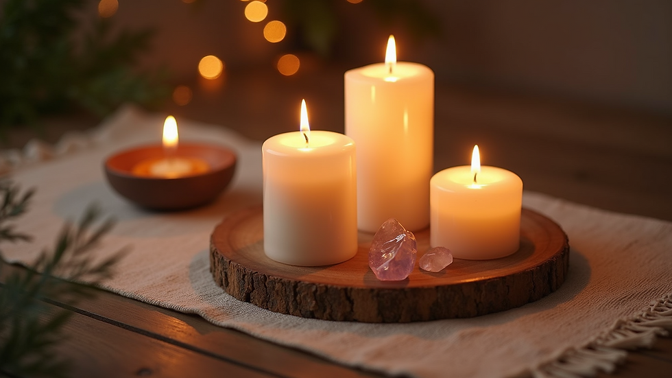 High angle view of a peaceful Reiki session setup with candles and crystals