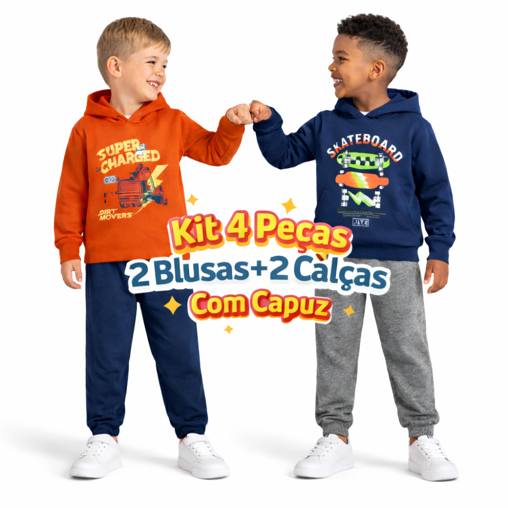 Kit 2 Conjuntos Moletom Capuz Infantil Algodão Menino