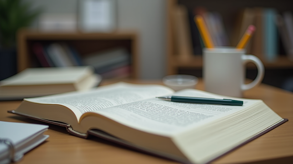 Eye-level view of a study desk with open textbooks and stationery