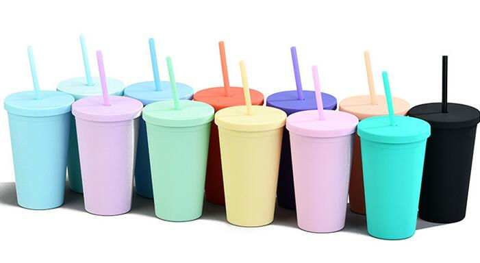 縮圖：啞面塑料配色吸管杯 (450ml)