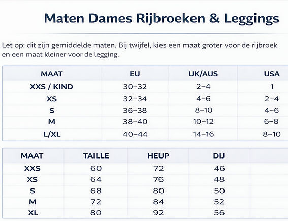 Maattabel dames rijbroeken en leggings M