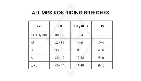 Thumbnail: Maattabel Mrs. Ros rijbroeken – overzicht EU, UK/AUS en US maten van XXS tot L/XL.