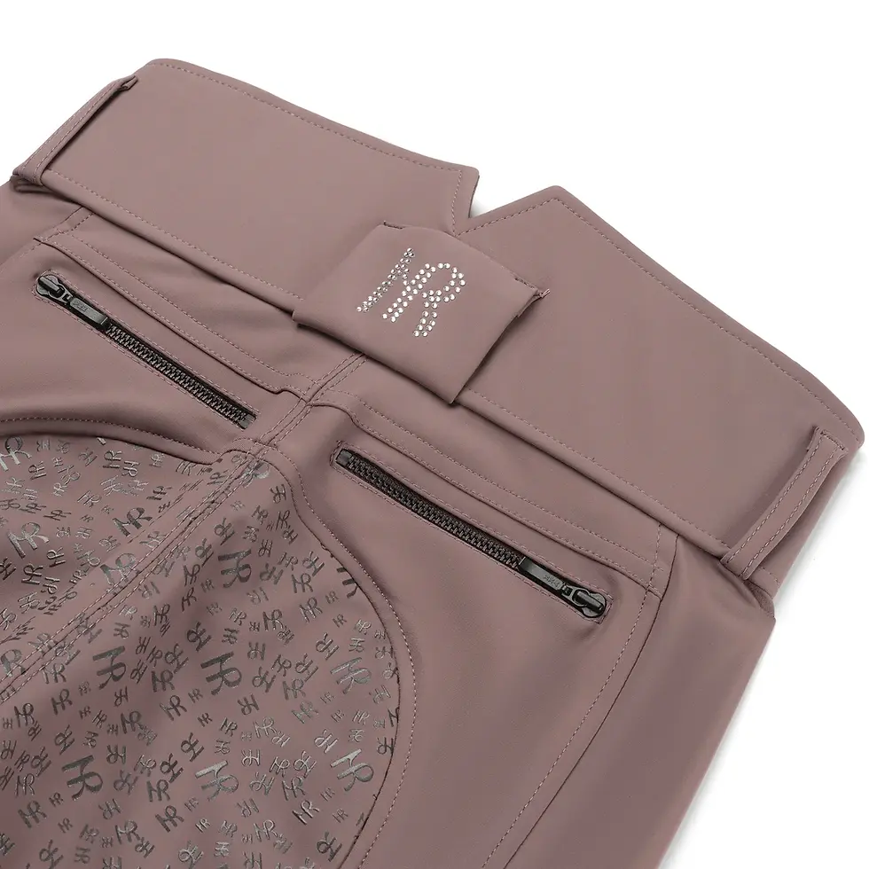 Thumbnail: Closeup Mrs. Ros rijbroek Amsterdam in taupe met siliconen zitvlak en elegante pasvorm