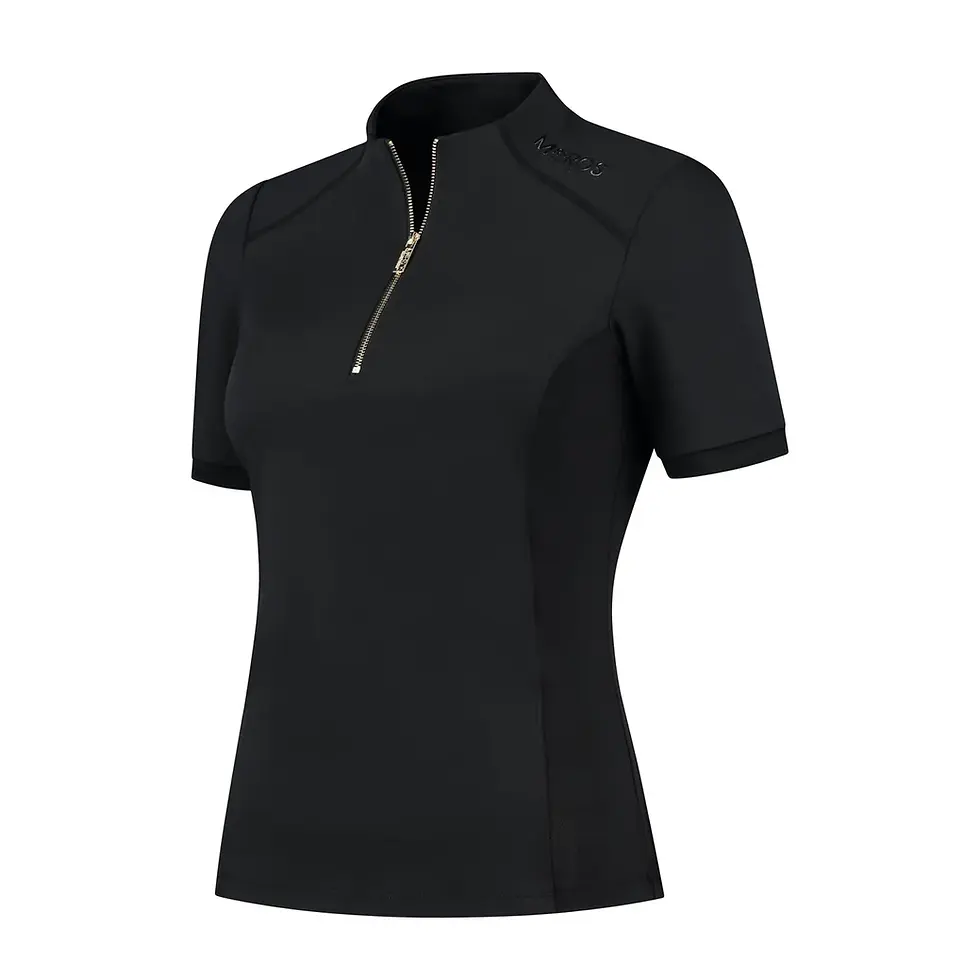 Vooraanzicht Mrs. Ros zwarte korte mouw trainingstop voor dames, ademend sportshirt met rits en logo-accent.