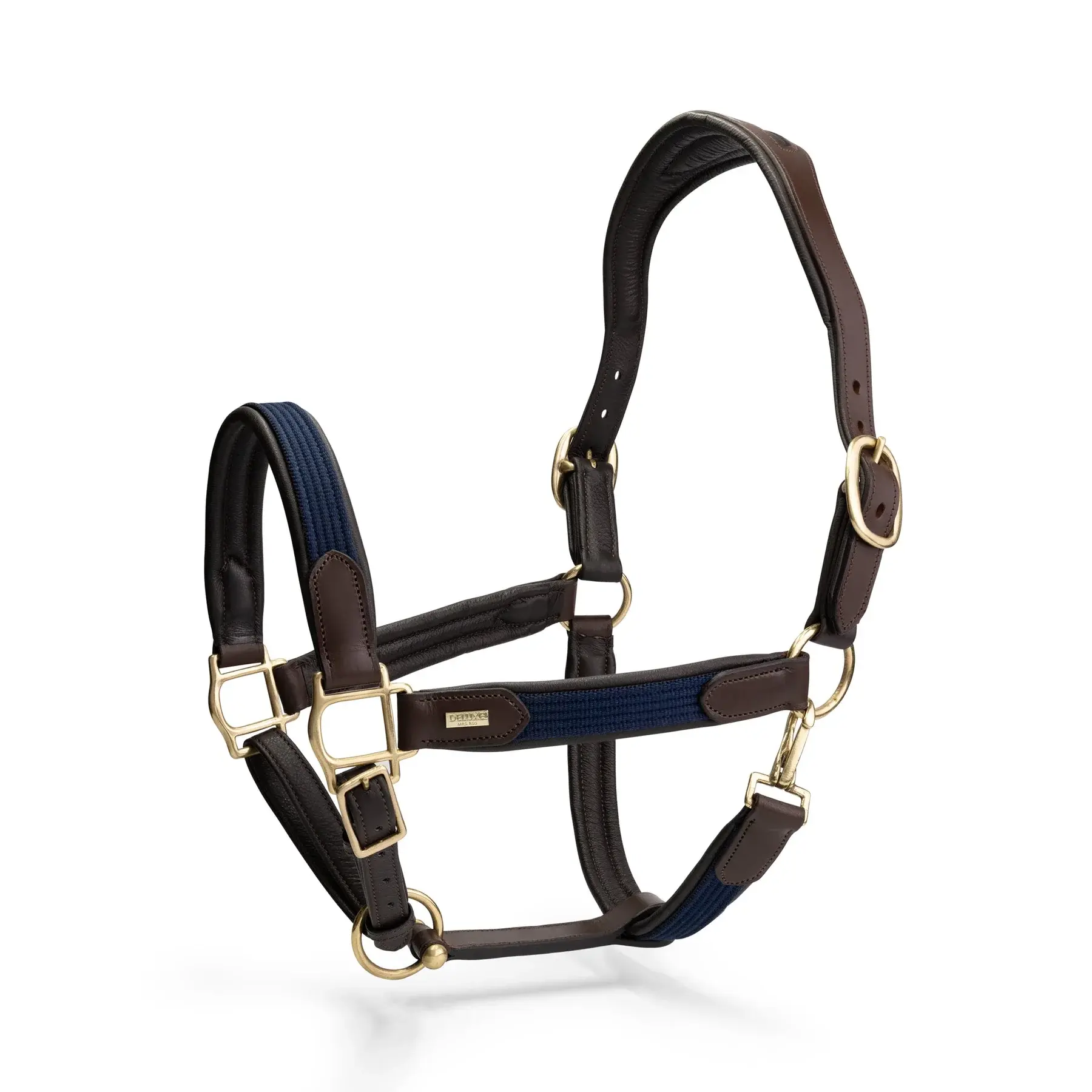 Mrs Ros Brown & Navy Deluxe Leather Halter anatomisch, bruin en marineblauw met gouden details, maat Full en Cob