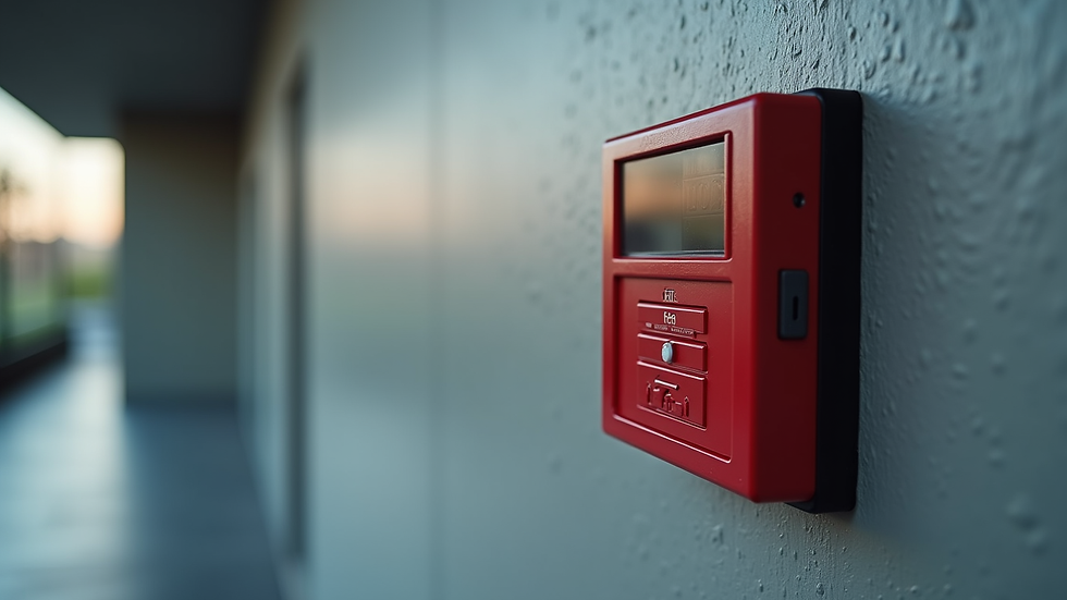 Close-up view of a modern fire alarm system installed on a wall