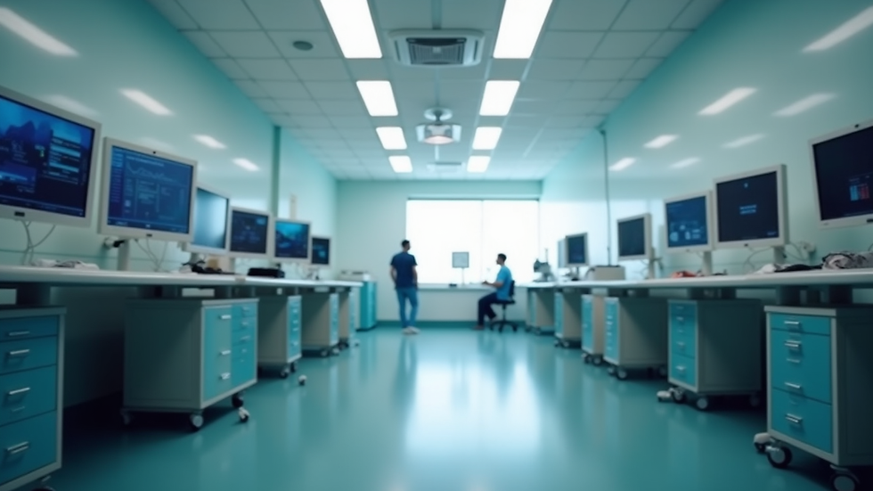 Eye-level view of a modern hospital room with digital monitors