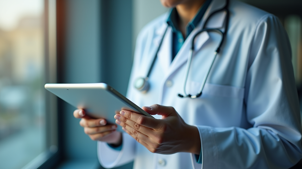 Close-up view of a healthcare professional analyzing data on a tablet
