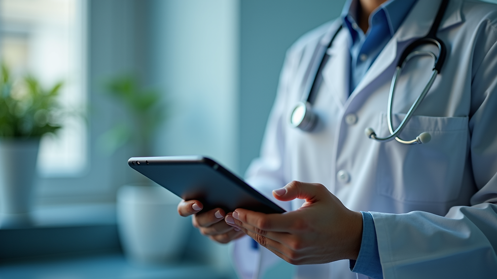 Close-up view of a healthcare professional using a tablet displaying patient data