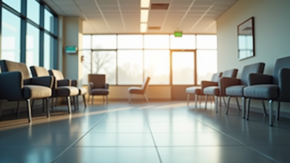 Eye-level view of a hospital waiting room with comfortable seating and natural light