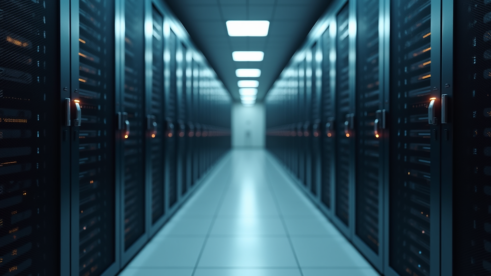 Eye-level view of a hospital data center with servers and blinking lights