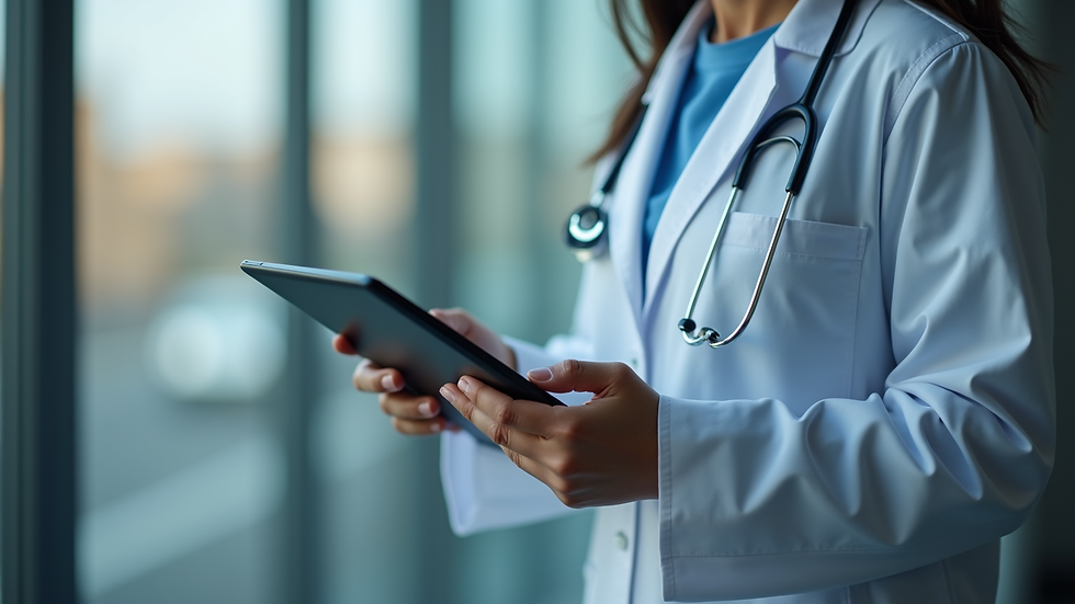 Close-up view of a healthcare professional reviewing telehealth data on a tablet