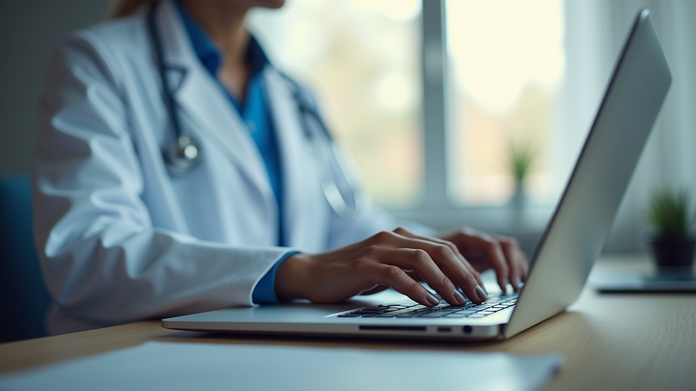 Eye-level view of a healthcare professional using a laptop for a virtual consultation