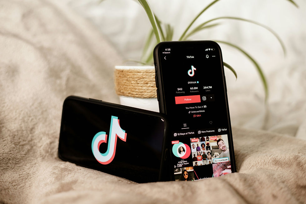 Two smartphones display TikTok, one with the logo, another with user profile. Set on a beige blanket with a plant in the background.