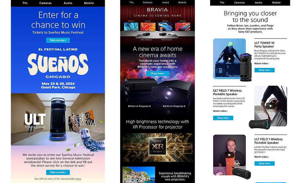 Sony ULT POWER SOUND sweepstakes email promoting Sueños Music Festival 2024 in Chicago,  Sony BRAVIA projector email