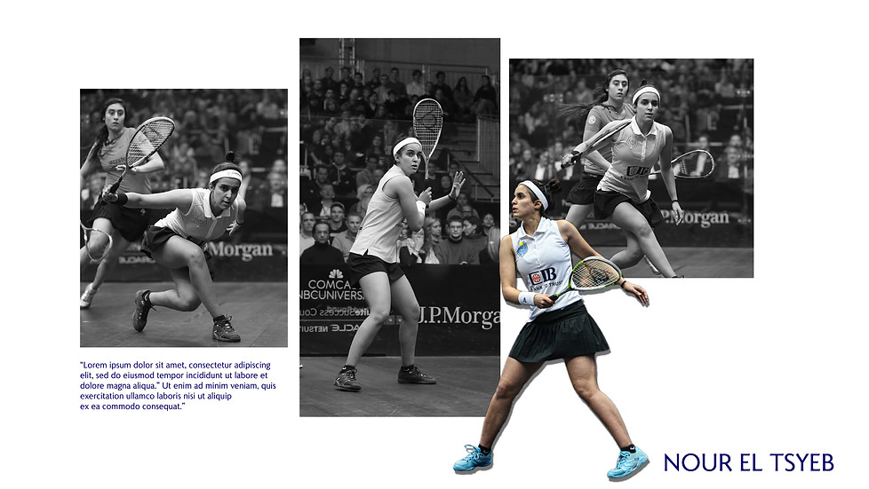 Tournament of Champions squash player action photo with branding overlay.