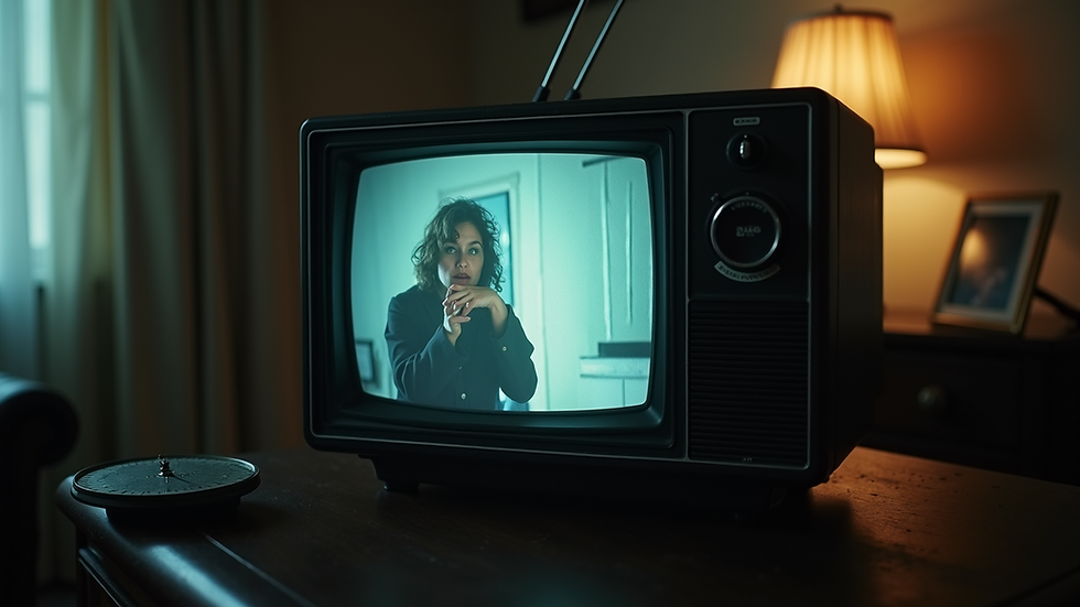 Eye-level view of a vintage television screen displaying a classic horror scene