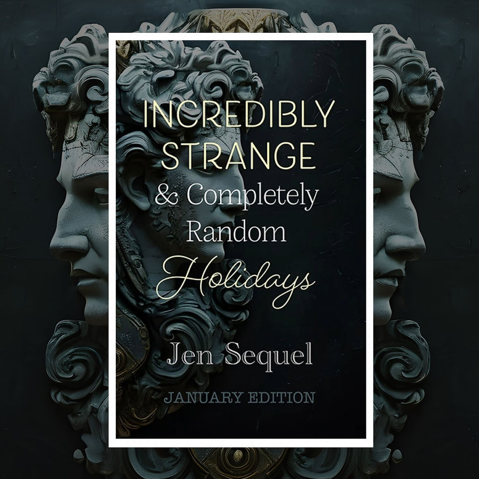 Stone sculptures with elaborate patterns and two faces form a backdrop for text: Incredibly Strange & Completely Random Holidays, January Edition.