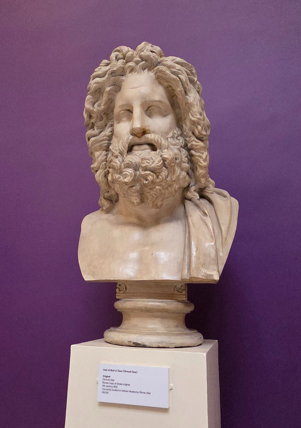 Marble bust of a bearded classical man on a pedestal against a purple wall, with a museum plaque below.