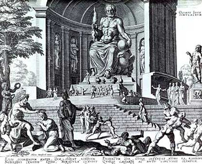 Black-and-white engraving of a giant seated statue in a temple hall, with many small figures on steps and Latin text below.