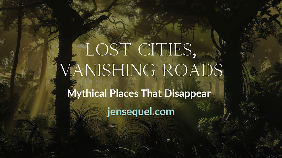 Text "Lost Cities, Vanishing Roads" with "Mythical Places That Disappear" over a lush, mysterious forest background. URL: jensequel.com.