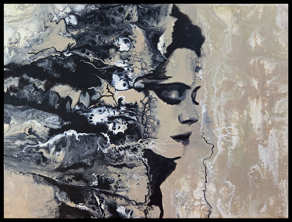 image of a woman (portrait) emerging from the chaotic primordial swirls around her. in muted colors of tan, black and white