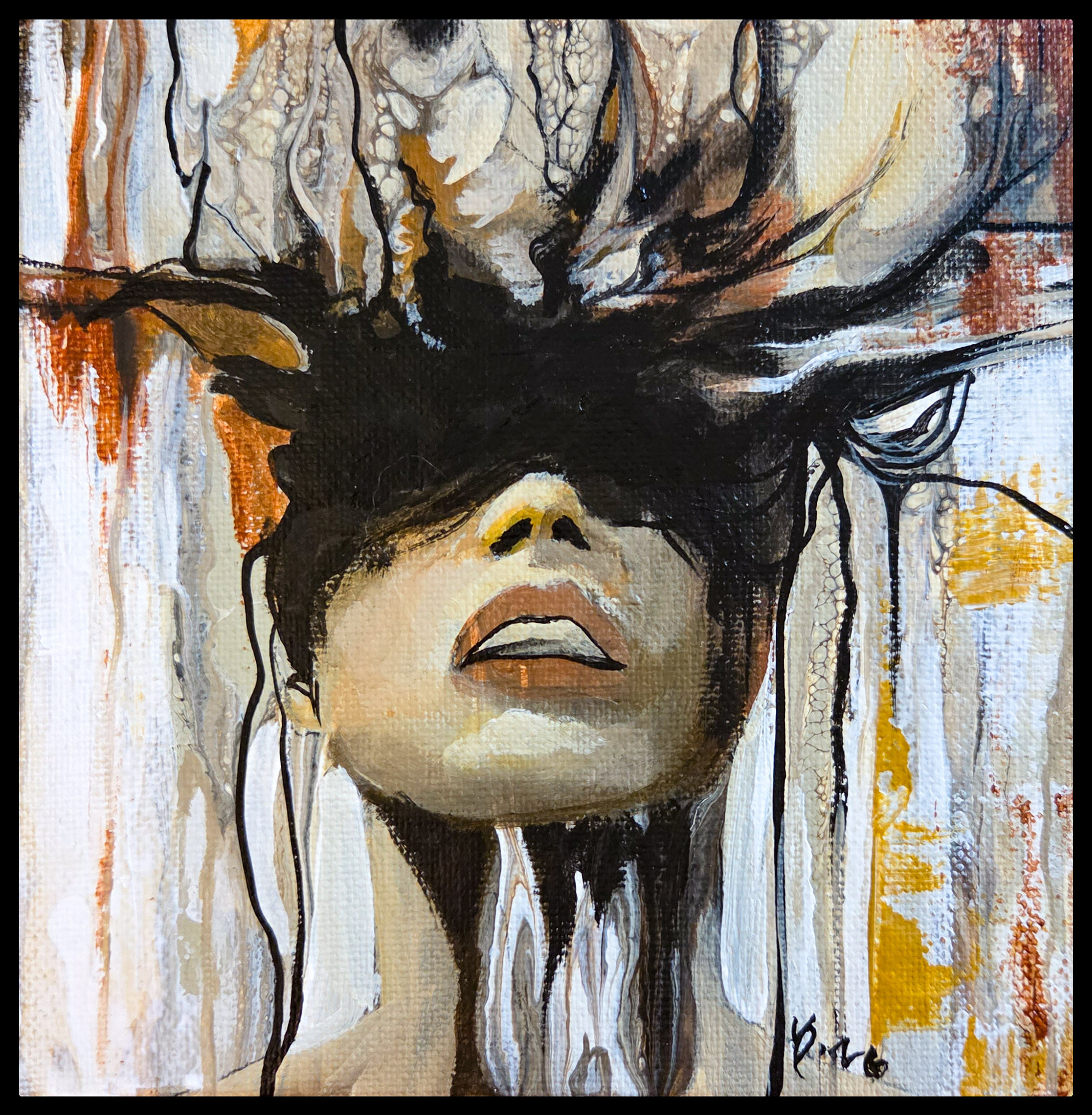 abstract portrait painting of a Dryad on canvas with wood tones