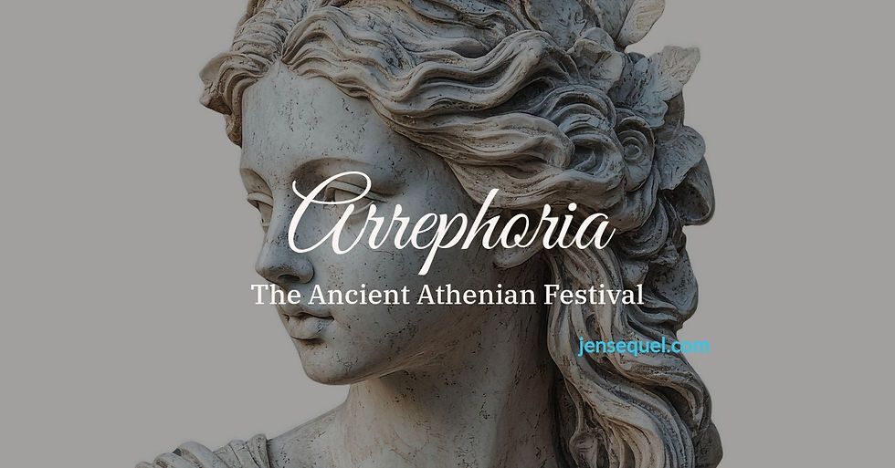 Marble Greek statue profile with overlaid text Arrephoria, The Ancient Athenian Festival, and jensequel.com