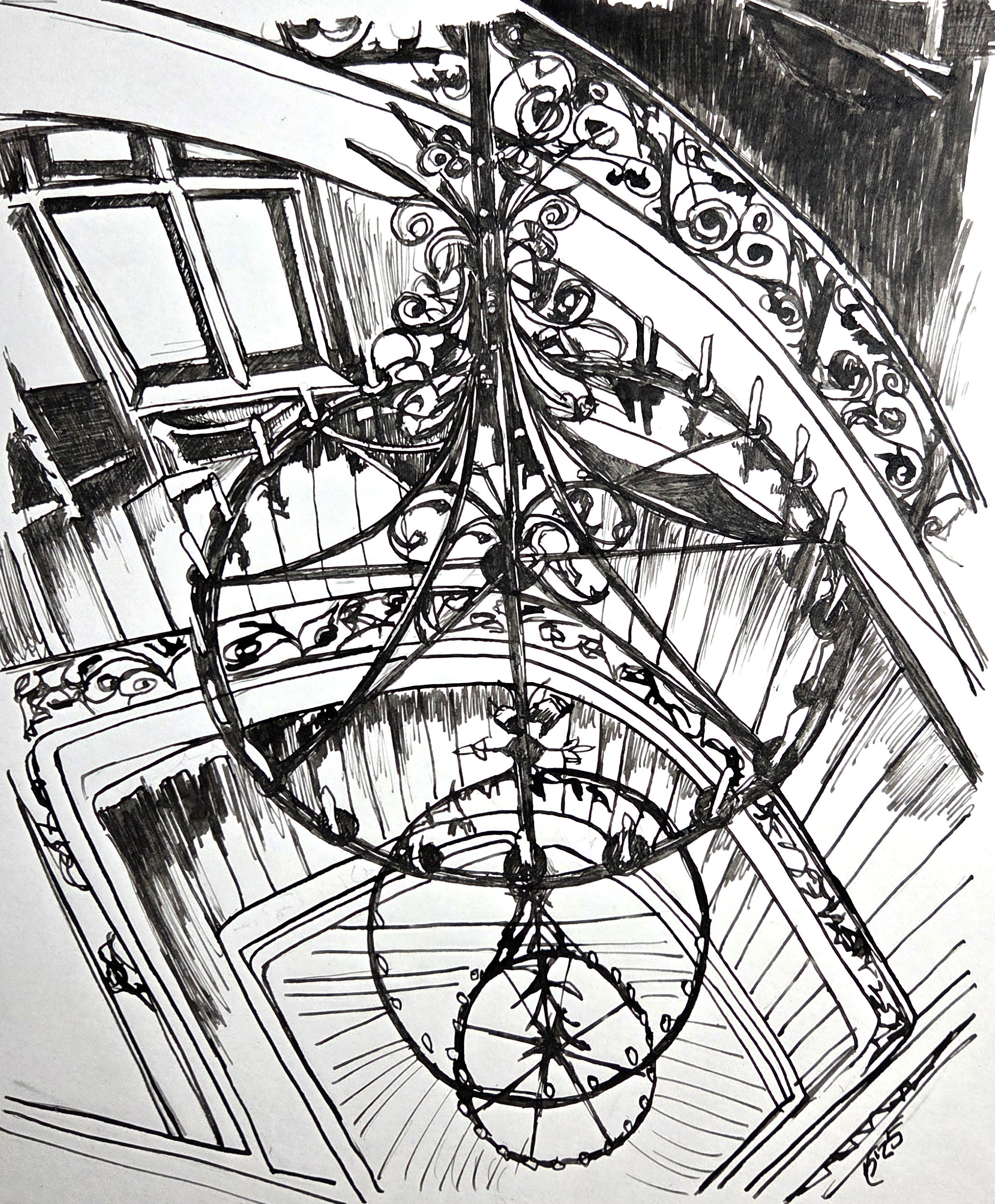 Original pen and ink drawing of the Main Staircase from Eleanor’s Garden: an ornate wrought iron chandelier seen from below over a spiraling stair with scrolled railings