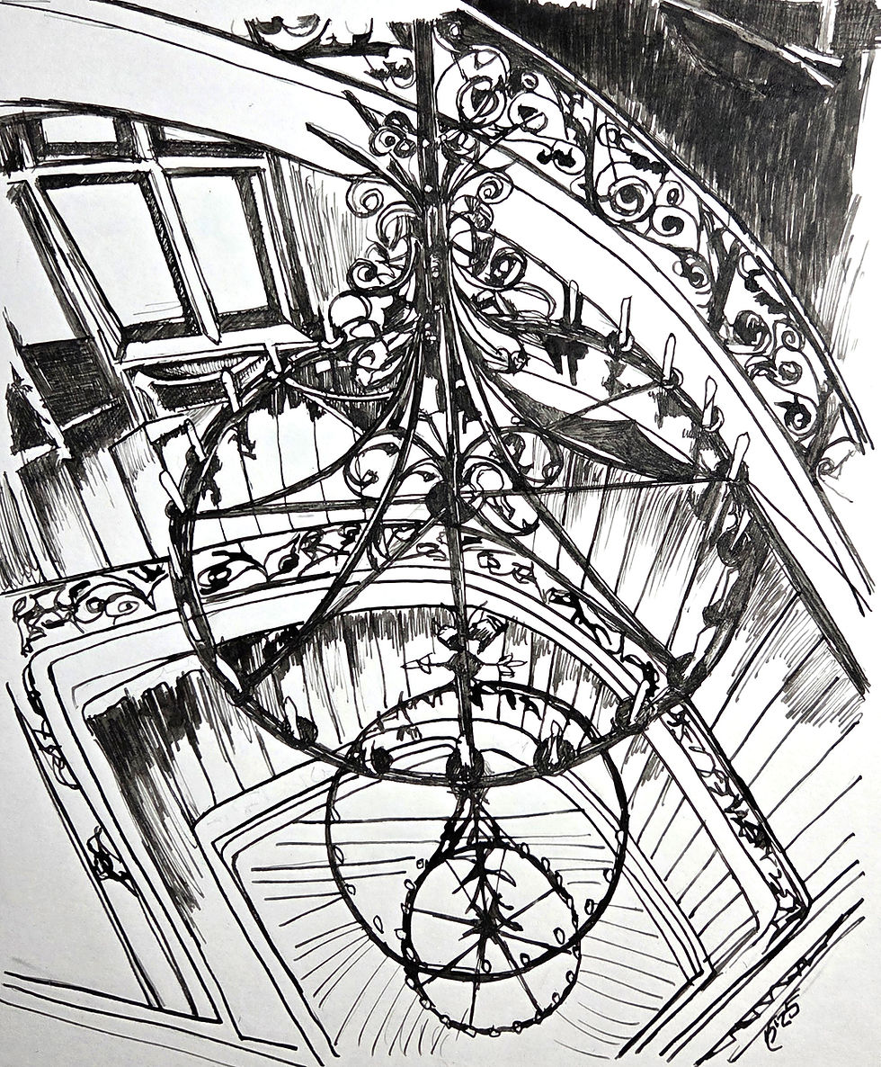 Original pen and ink drawing of the Main Staircase from Eleanor’s Garden: an ornate wrought iron chandelier seen from below over a spiraling stair with scrolled railings