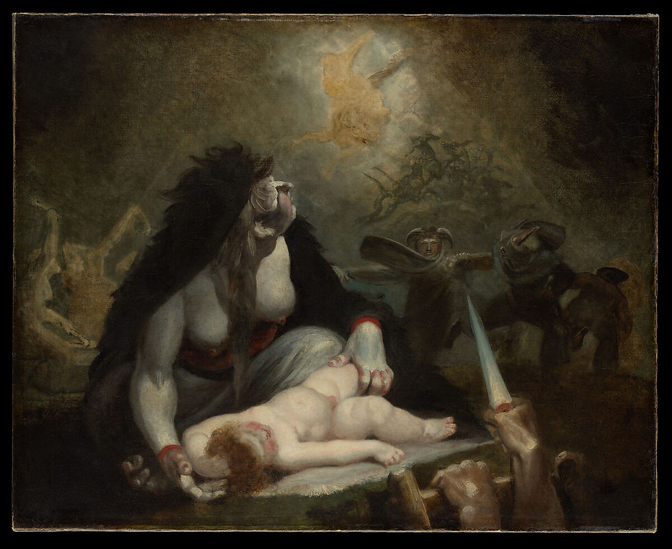 Dark mythic painting of a woman in black holding a nude child, with armored figures and a sword in a dim, ominous scene.
