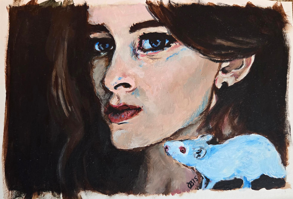 Moody acrylic portrait with white mouse, small 4x6 original painting on Bristol by Jen Sequel