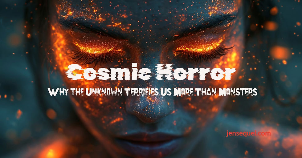 Close-up face with glowing orange eyes and embers, overlaid with Cosmic Horror and the subtitle about fearing the unknown.