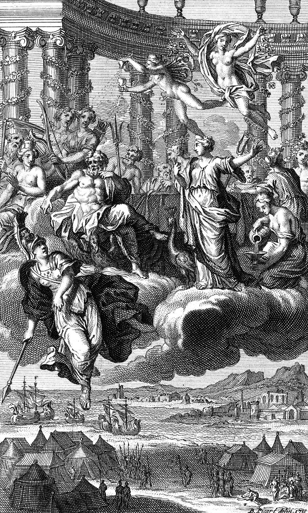 Black-and-white engraving of classical figures floating above a seaside camp and harbor, with tents, ships, and columns.