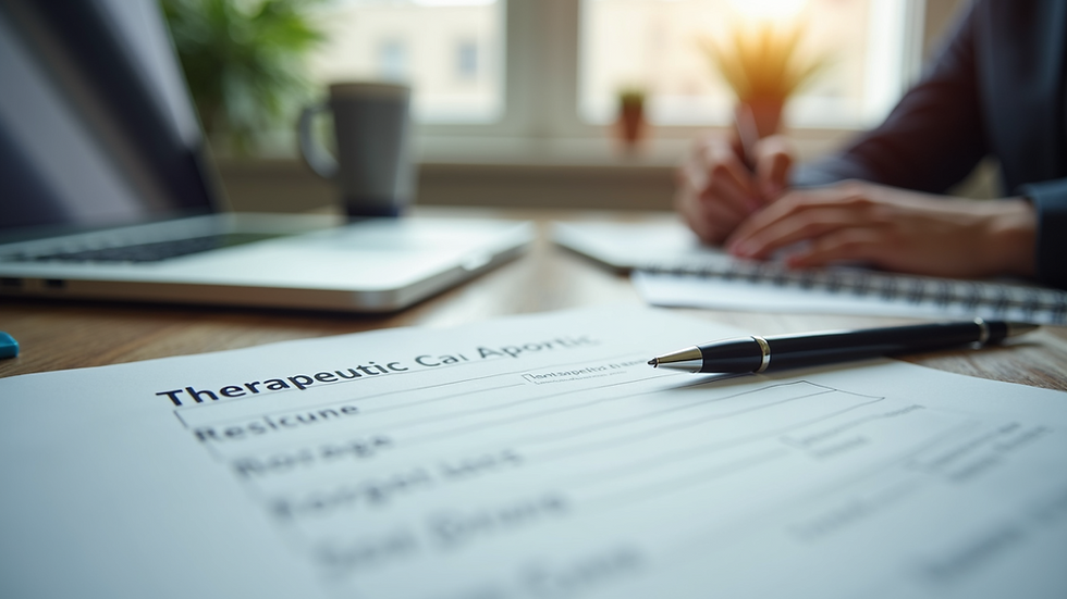 Eye-level view of a therapist’s desk with a therapeutic case form and pen