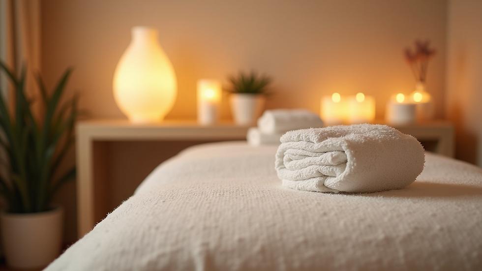 Eye-level view of a serene massage room with soft lighting and calming decor