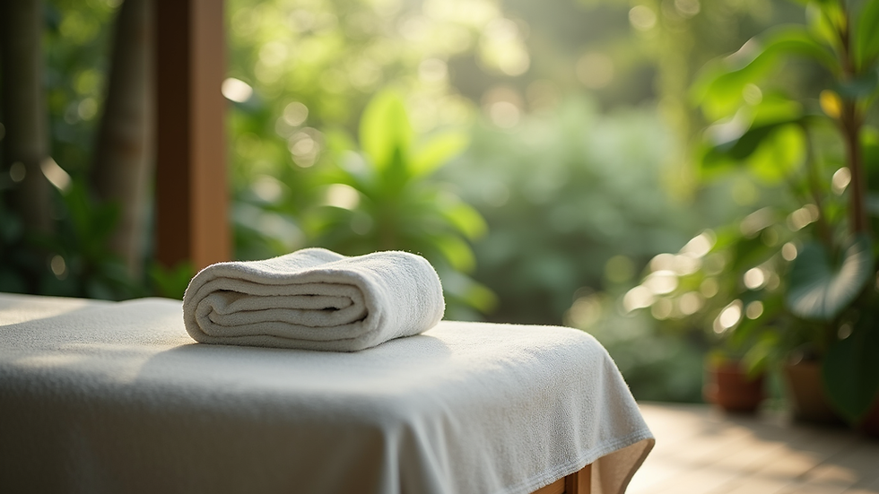 Close-up view of a massage table set outdoors surrounded by lush greenery