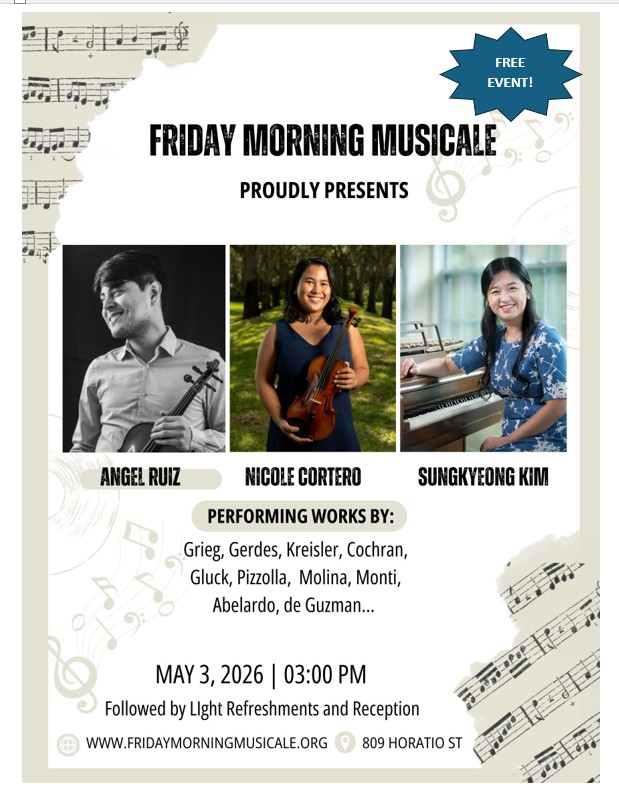 FMM concert poster featuring Ángel Roel, Nicolò Cortero, and Sunkyong Kim.