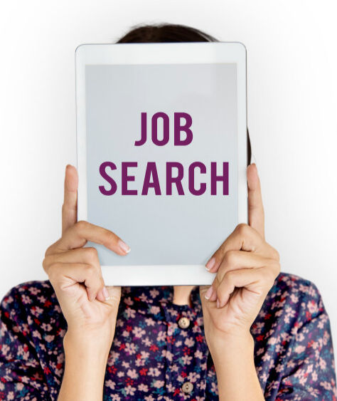 a picture of a girl holding  a job search sign