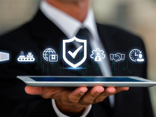 a business man holding an ipad with digital icons representing trade, investment, money , time